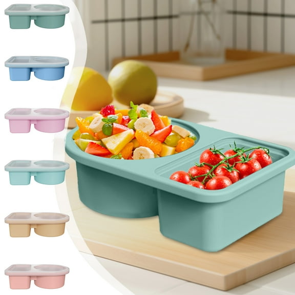 PPgejGEK Silicone Double Compartment Sauce Container with Lid, 5.91x3.86x1.65 inches Food Grade Leakproof Condiment Dispenser, Portable Snack Box for Travel, Camping, Picnics