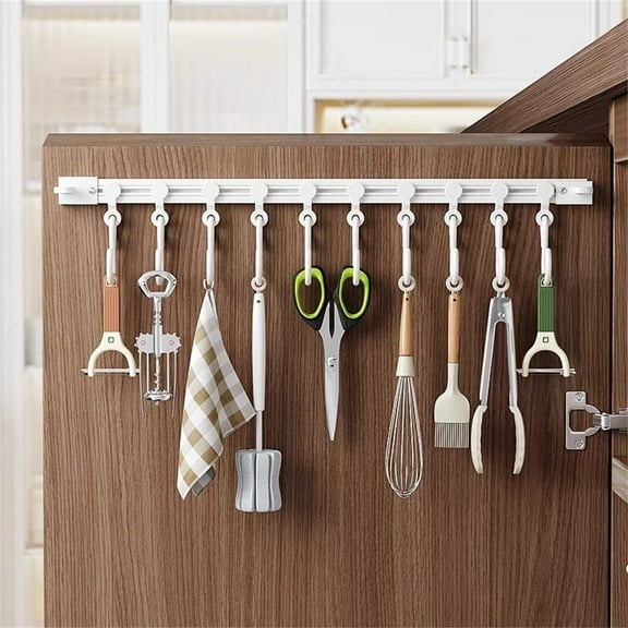 PPgejGEK Sliding Track Hook Rack for Cabinet Door Storage, No-Drill Adhesive S-Hook Organizer for Kitchen Utensils