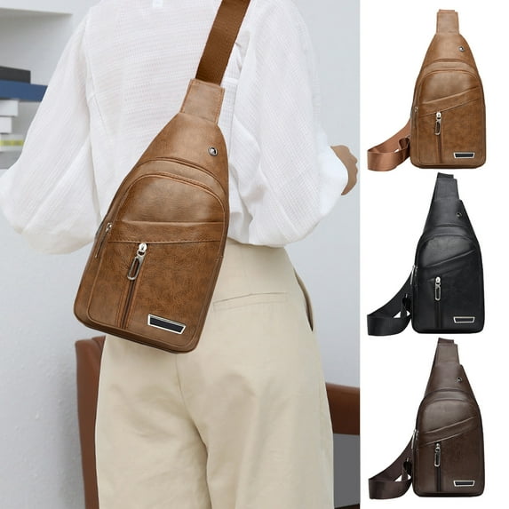 PPgejGEK Sling Bag for Women Men Waterproof Crossbody Shoulder Tote Bag Faux Leather, 11.8x6.6x1.9in, Black Khaki Brown