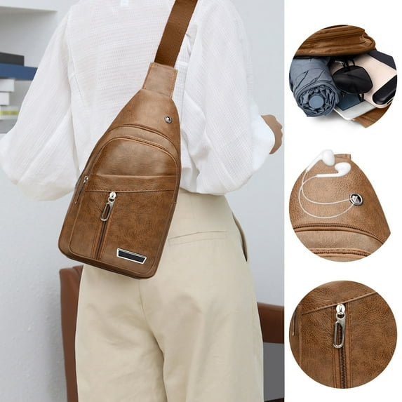 PPgejGEK Sling Bag for Women Men Waterproof Crossbody Shoulder Tote Bag Faux Leather, 11.8x6.6x1.9in, Black Khaki Brown