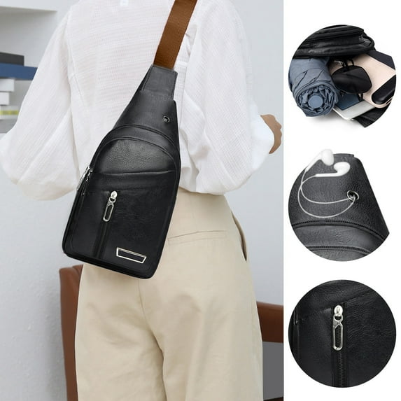 PPgejGEK Sling Bag for Women Men Waterproof Crossbody Shoulder Tote Bag Faux Leather, 11.8x6.6x1.9in, Black Khaki Brown