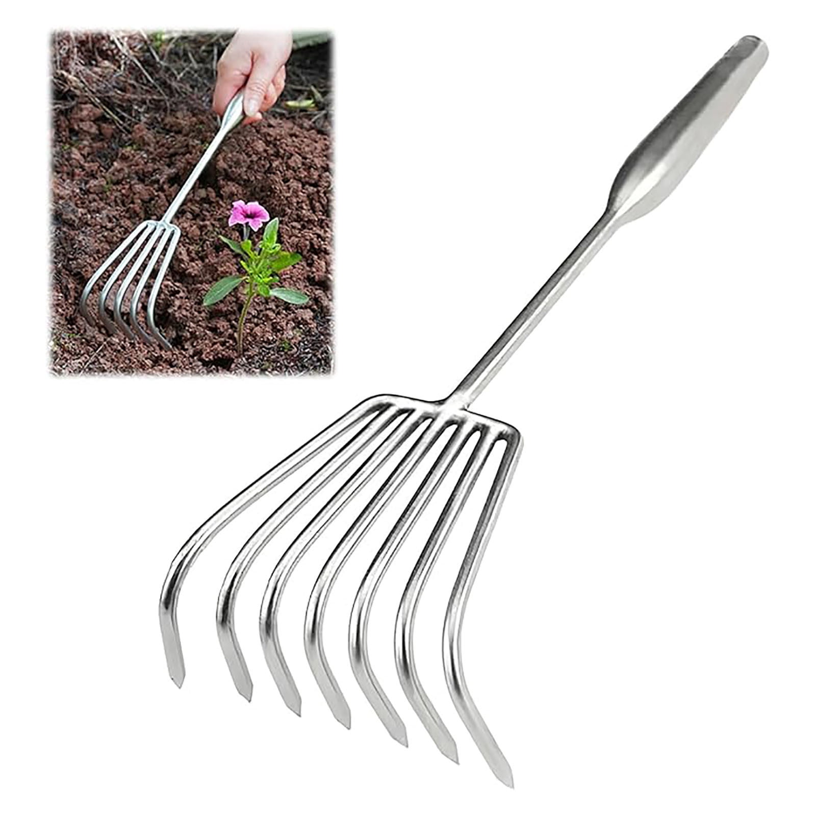 PPgejGEK Stainless Steel Garden Leaf Rake Carbon Steel Head Slip-Resistant Handle Outdoor Yard Tool 15.75in Length