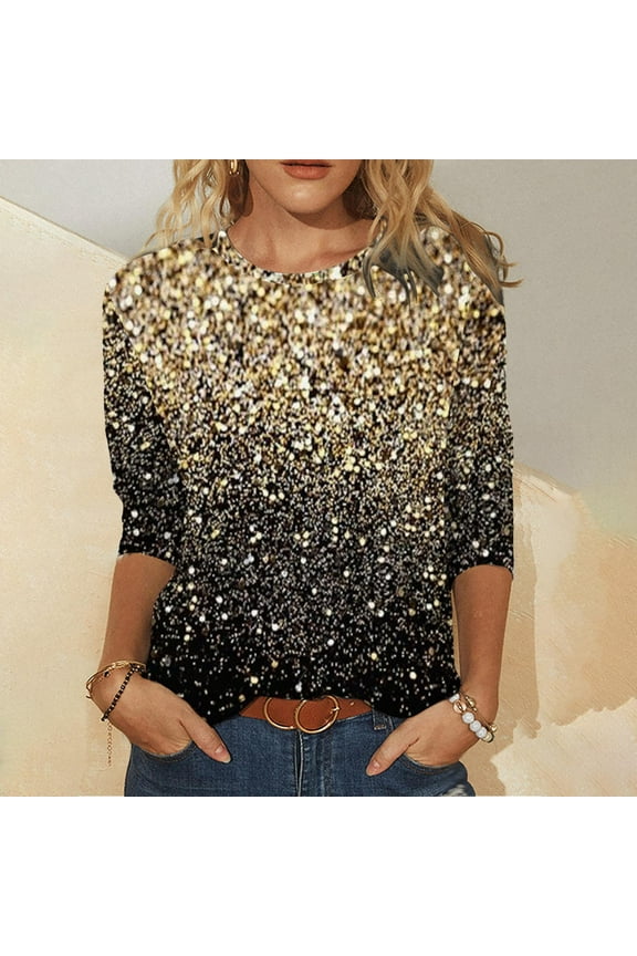 PPgejGEK Summer Tops for Women Trendy Women's 3/4 Sleeve Shirts Sunflower Print Round Neck Loose Tops Comfy Soft Blouses Summer Casual Pullover Summer Saving