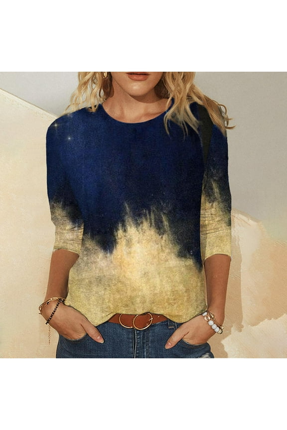 PPgejGEK Summer Tops for Women Trendy Women's 3/4 Sleeve Shirts Sunflower Print Round Neck Loose Tops Comfy Soft Blouses Summer Casual Pullover Summer Saving