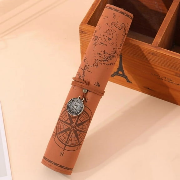 PPgejGEK Treasure Map Vintage PU Leather Large Capacity Pencil Case Stationery Box Roll Up Design Spacious Storage for Pens Erasers Makeup Brushes Durable Material Stylish Accessory