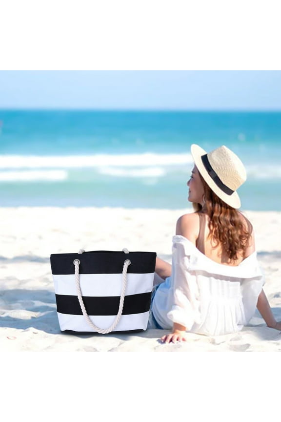 Tropical Summer Striped Beach Bag 45x33x14cm/17.71x12.99x5.51in Black Tote Reusable Grocery Shoulder Bag with Zipper Pocket Large Capacity for Travel Pool Beach