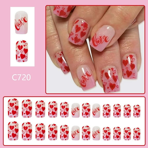PPgejGEK Valentine's Day Press On Nails Short Glossy Acrylic Nails Heart Pattern Nails Glue On Nails Artificial False Nails 24pcs Clearance Valentine's Day Gifts