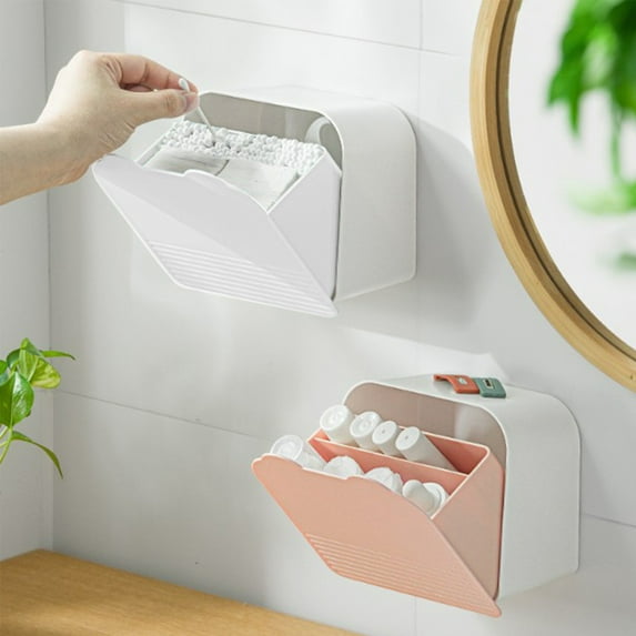PPgejGEK Wall Mounted Bathroom Storage Box with Dispenser for Napkins Sanitary Pads White Pink 15.5x9x15.5cm 6.1x3.54x6.1in Plastic Organizer 2 Compartments No Drill