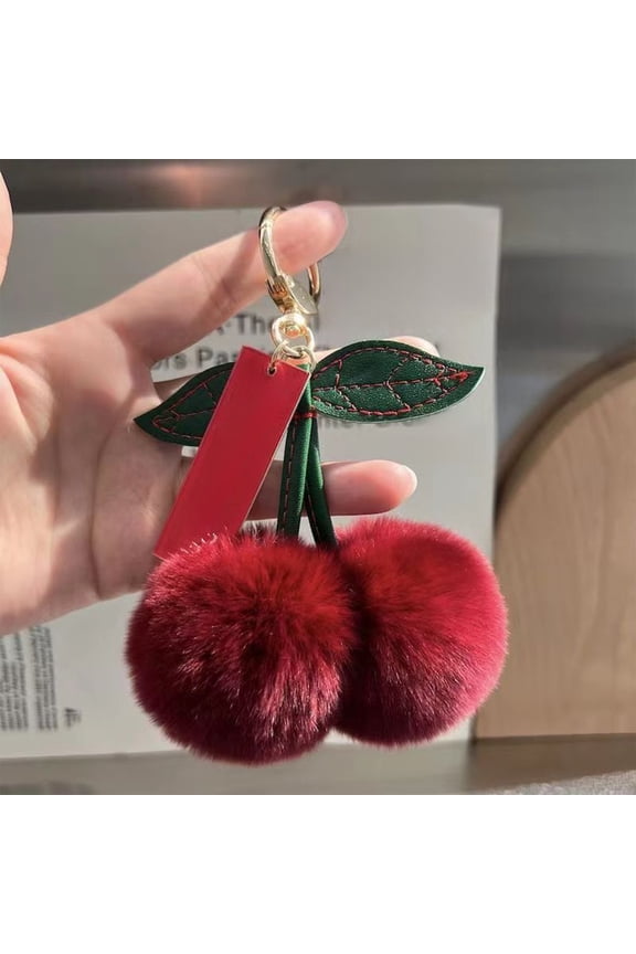 Wine Cherry Plush Keychain (4.7"脳4.3"脳2") - Fluffy Ball Backpack Pendant with Metal Clasp