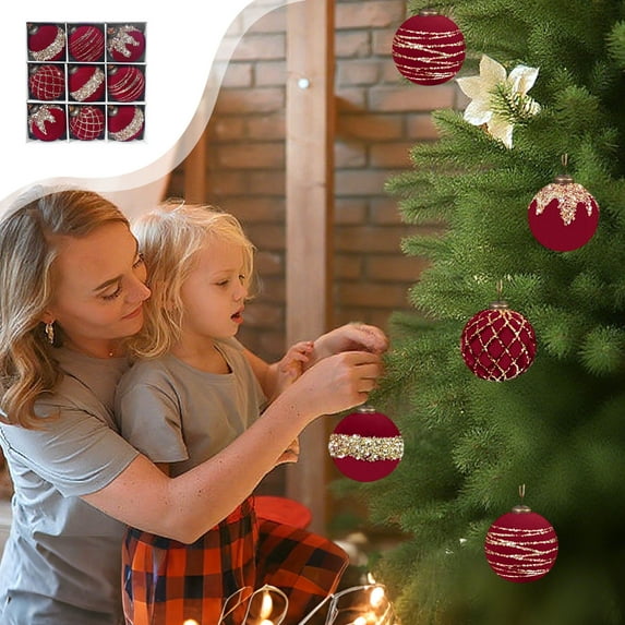 PPgejGEK Wine Red Flocked Christmas Ball Ornaments Set of 9, 3.14 Inch Hanging Decor for Holiday Tree and Party Decoration