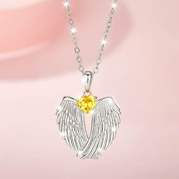 PPgejGEK Wing Necklace Fashionable Women Pendant with Heart Shape Angel Design Birthstone Yellow Zirconia Embellishment