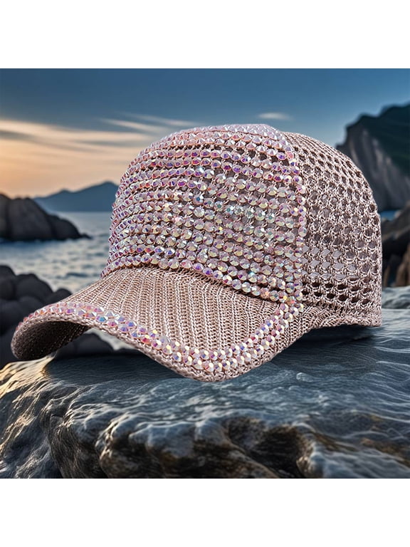 Women Men Studded Rhinestone Crystals Baseball Cap Adjustable Ponytail Mesh 22.8x3.9x3.1 Inches Shiny Bling Casual Sports Sun Hat Breathable UV Protection Fashion Laser