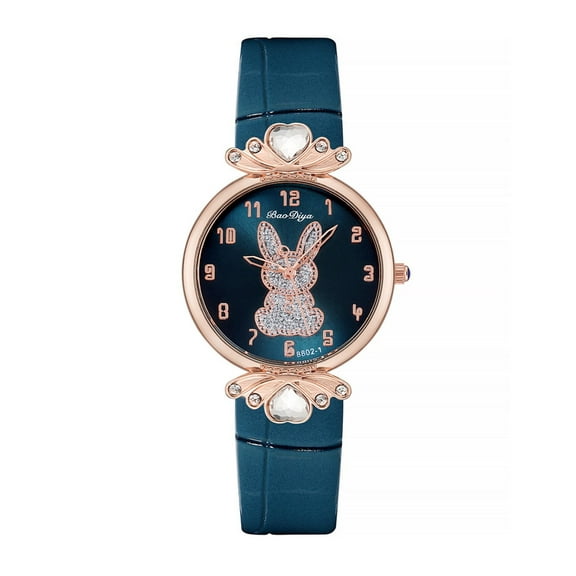 PPgejGEK Women's Cute Rabbit Quartz Watch with Crystal Accents - Blue Leather Strap Fashion Elegant Wristwatch, Ideal Gift for Christmas Birthday Valentine's Day