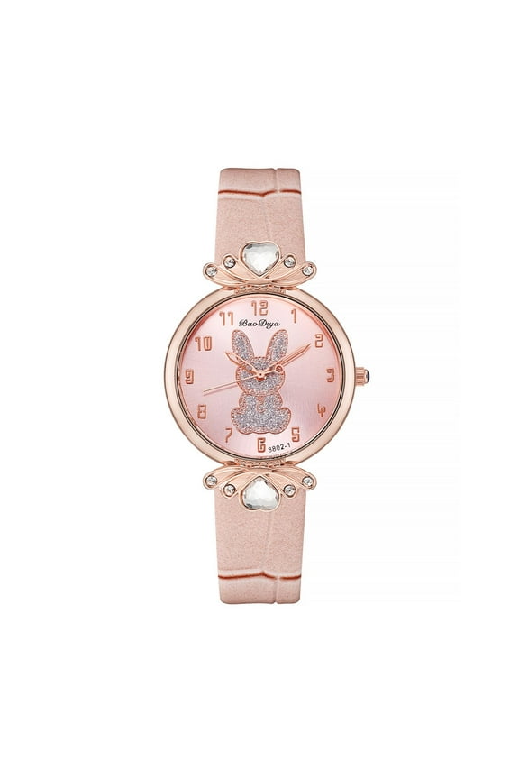 Women's Cute Rabbit Quartz Watch with Crystal Accents - Pink Leather Strap Fashion Elegant Wristwatch, Ideal Gift for Christmas Birthday Valentine's Day