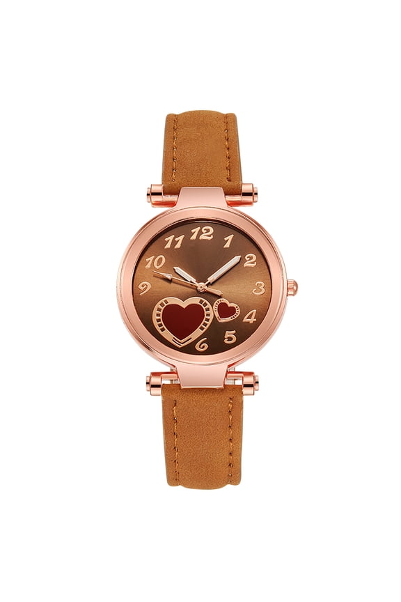 WWG Women's Fashion Quartz Watch - Brown Leather Strap Rose Gold Heart Design Wristwatch, Elegant Casual Timepiece Ideal for Valentine's Day Birthday Gift