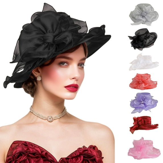 PPgejGEK Women's Tea Party Accessories Kentucky Derby Hat, 11.81x11.81x3.94 Inches Imitation Linen Wide Brim for Wedding Garden Events, Black Pink White Wine Purple Gray