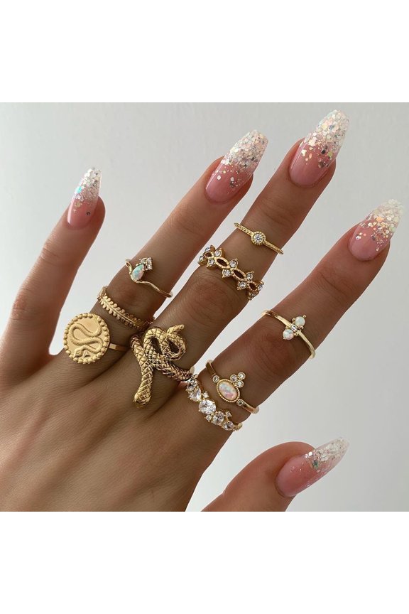 Womens Rings Women Fashion Geometric Serpentine Leaf Set of 9 Rings for Valentine's Day Mother's Day Christmas Birthday Gifts Festival Gift