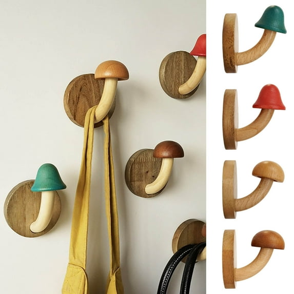 PPgejGEK Wooden Coat Hook, Non-Perforated Solid Wood Nordic Hanger for Door Rear Storage, 6.5x6.8x7.2cm, Mushroom Shape for Home Decoration