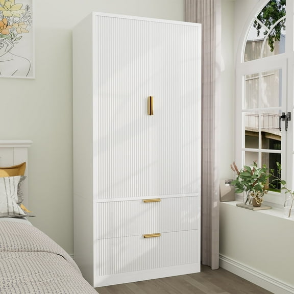 Lumiinofami 2 Door Armoire for Bedroom, Fluted Tall Wardrobe with 2 Drawers and Hanging Rod, Closet Storage Organizer, White