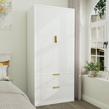 PPorfamilia 2 Door Armoire for Bedroom, Fluted Tall Wardrobe with 2 Drawers and Hanging Rod, Closet Storage Organizer, White