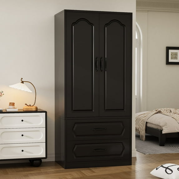 Lumiinofami 2 Door Wardrobe, Wooden Armoire with Hanging Rod and Drawers for Bedroom, Black
