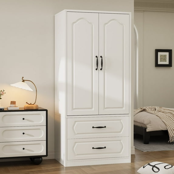 Lumiinofami 2 Door Wardrobe, Wooden Armoire with Hanging Rod and Drawers for Bedroom, White