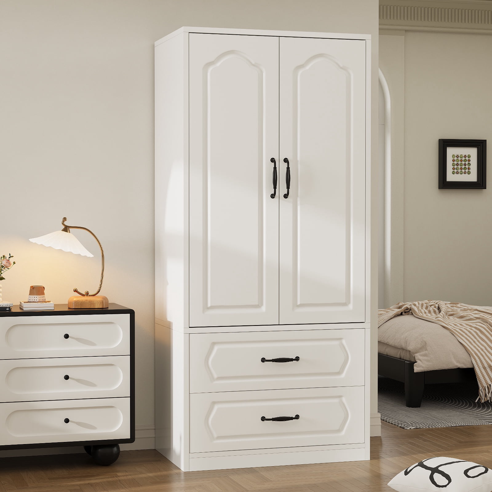 Lumiinofami 2 Door Wardrobe, Wooden Armoire with Hanging Rod and Drawers for Bedroom, White