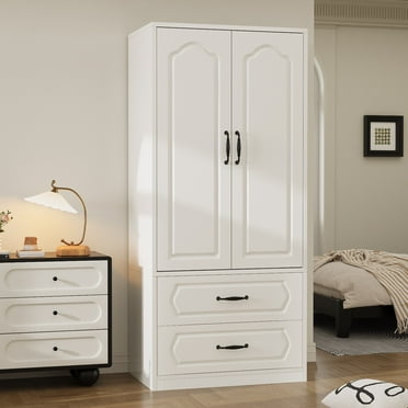 PPorfamilia 2 Door Wardrobe, Wooden Armoire with Hanging Rod and Drawers for Bedroom, White