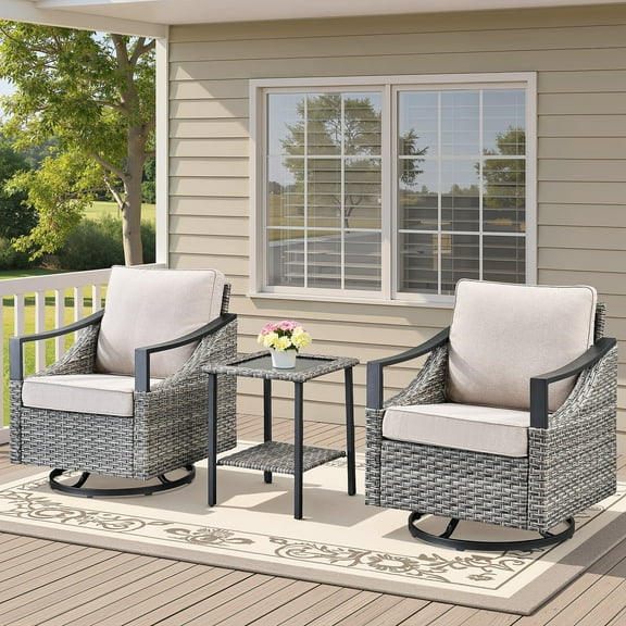 PPorfamilia 3 Piece Outdoor Patio Rattan Bistro Set Cushioned Rocking Swivel Chairs Set with Side Table for Porch Balcony Deck Poolside, Beige