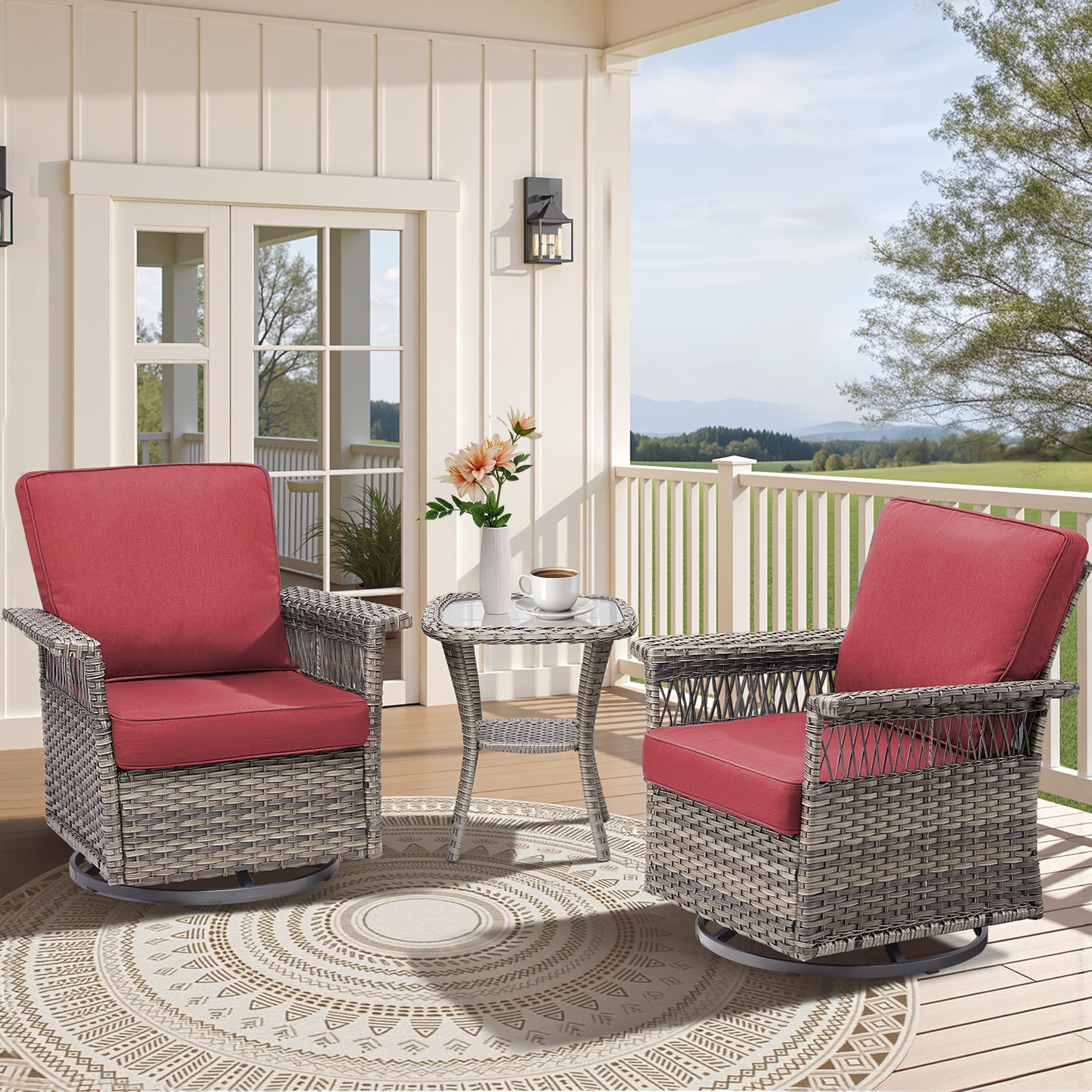 Red Cushioned Wicker Patio Bistro Set with Swivel Rocking Chairs