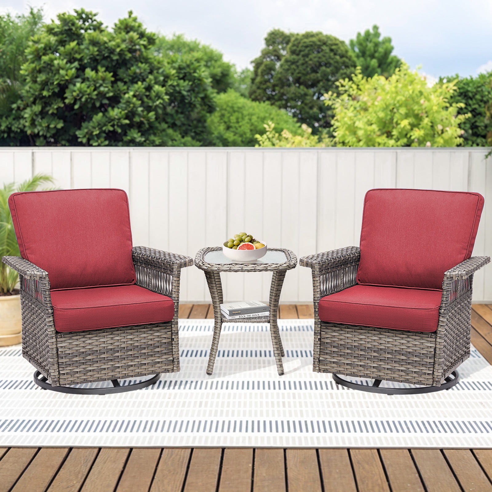 Red Cushioned Wicker Patio Bistro Set with Swivel Rocking Chairs