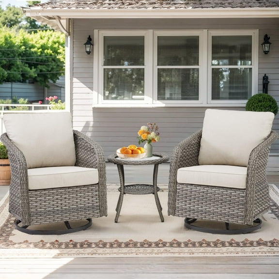 PPorfamilia 3 Piece Wicker Patio Furniture Set, Outdoor Rocking Swivel Chairs Bistro Set with Side Table and Beige Cushions