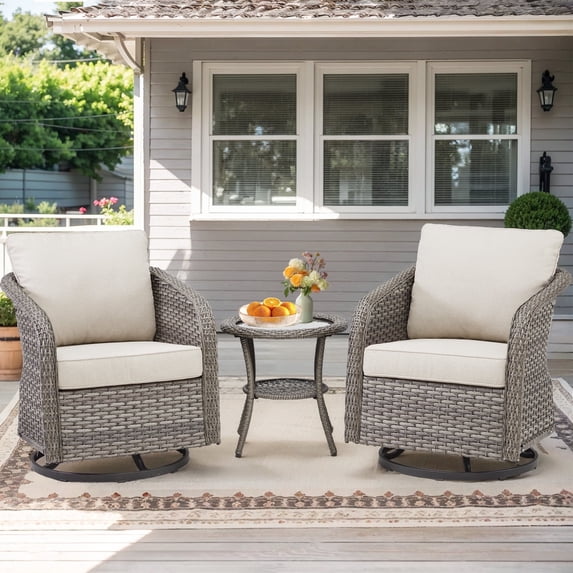 PPorfamilia 3 Piece Wicker Patio Furniture Set, Outdoor Rocking Swivel Chairs Bistro Set with Side Table and Beige Cushions