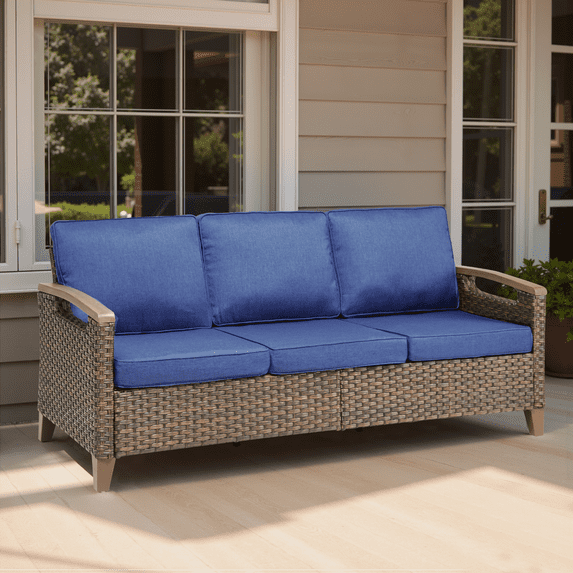 PPorfamilia 3-Seat Patio Wicker Sofa, Outdoor PE Wicker Sectional Couch Furniture with Navy Cushions and Deep Seating High Back, for Backyard Deck Poolside Porch