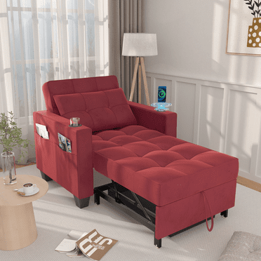 PPorfamilia 3-in-1 Convertible Sofa Chair with Adjustable Back, Pull Out Sleeper Sofa Bed with Wireless Charging Station, USB Ports, Cup Holder, Side Pocket, Burgundy Red