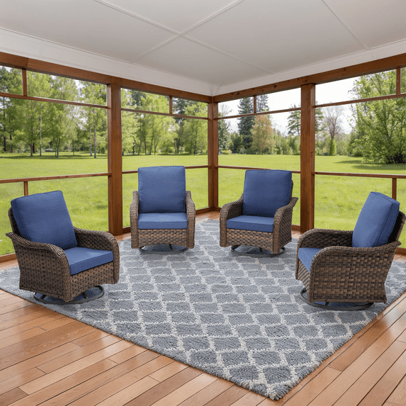 PPorfamilia 4-Piece Outdoor Swivel Chairs, Patio All-Weather Rattan Rocker Glider Chairs with Blue Cushions for Balcony Poolside Deck Garden