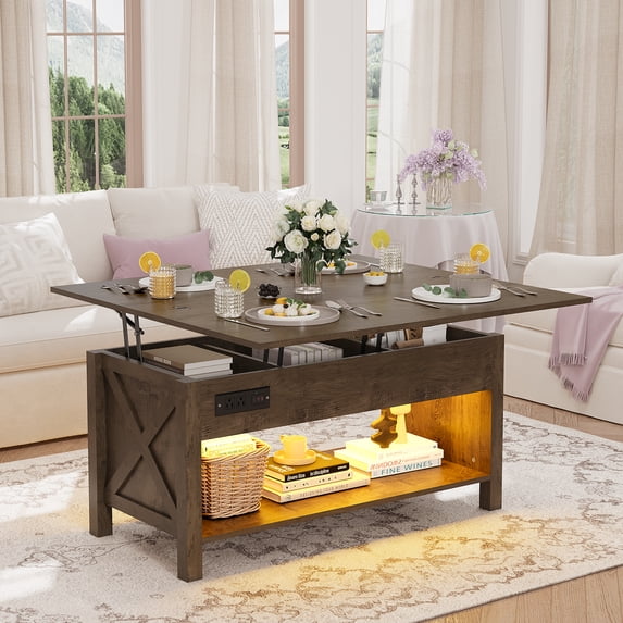 PPorfamilia 42" Lift Top Coffee Table, 3 in 1 Center Table with Storage, LED Lighting and Power Outlets for Living Room, Oak Gray