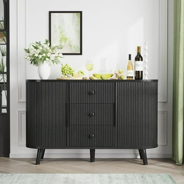 PPorfamilia 47" Sideboard Buffet Cabinet with 2 Sliding Tambour Doors, Fluted Storage Cabinet with Adjustable Shelves for Living Room, Entryway, Hallway, Black