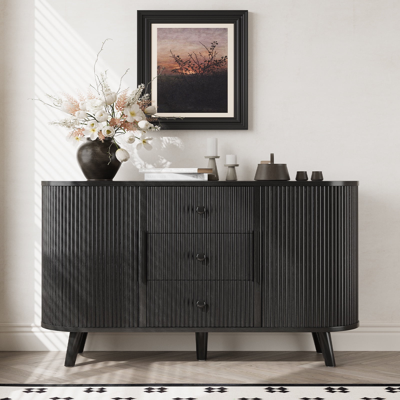 47" Black Fluted MDF Sideboard Buffet Cabinet with Sliding Doors