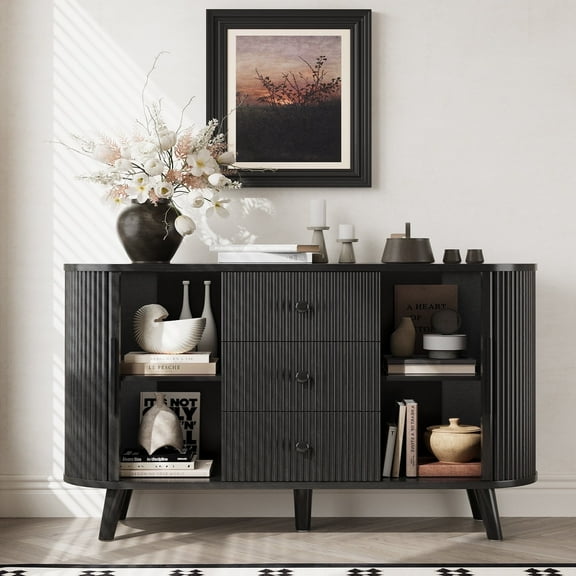 Lumiinofami 47" Sideboard Buffet Cabinet with 2 Sliding Tambour Doors and 3 Drawers, Curved Fluted Storage Cabinet with Adjustable Shelves for Living Room, Entryway, Hallway, Black