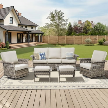 PPorfamilia 5 Piece Patio Sectional Furniture Set, All-Weather Rattan Outdoor Padded Conversation Sofa Sets with 2 Rocking Swivel Chairs for Backyard Poolside Deck, Beige Cushions