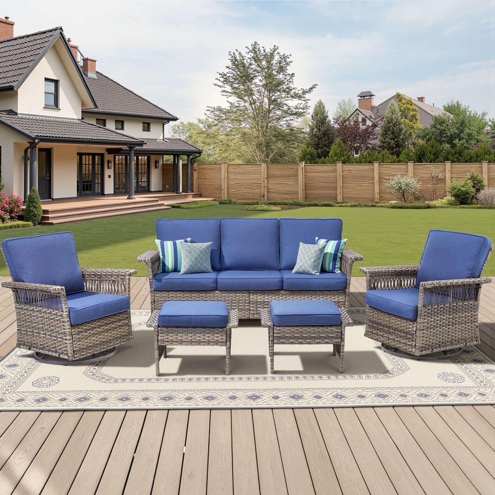 PPorfamilia 5 Piece Outdoor Patio Furniture Sets, All-Weather Rattan Conversation Sofa Sets with Rocking Swivel Chairs and Navy Cushions
