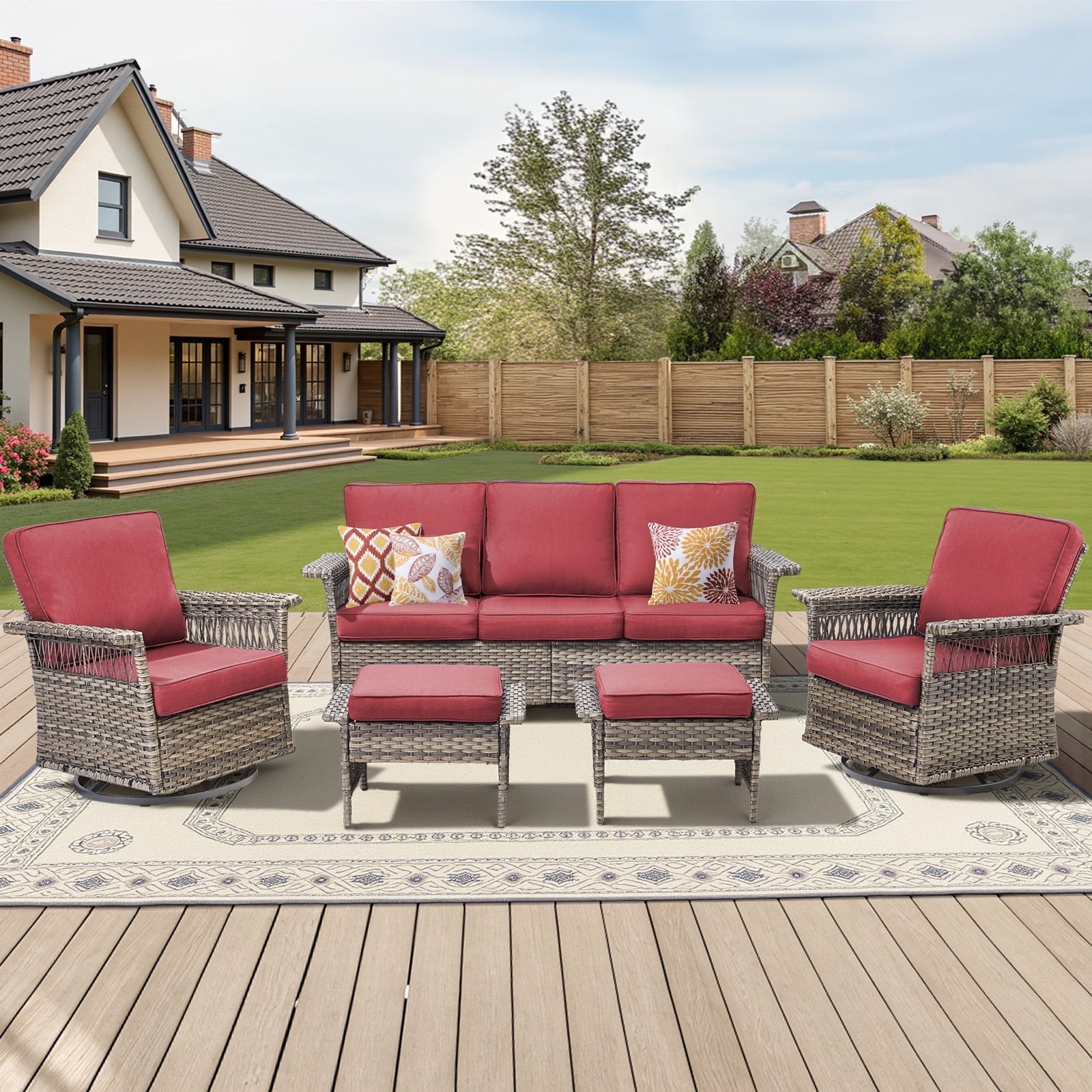 PPorfamilia 5 Piece Patio Sectional Furniture Set, All-Weather Rattan Outdoor Padded Conversation Sofa Sets with 2 Rocking Swivel Chairs for Backyard Poolside Deck, Red Cushions