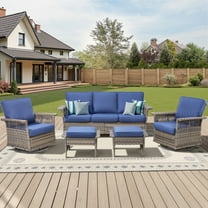 PPorfamilia 5 Piece Outdoor Patio Furniture Sets, All-Weather Rattan Conversation Sofa Sets with Rocking Swivel Chairs and Navy Cushions