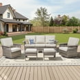 thumbnail image 1 of PPorfamilia 5 Piece Patio Sectional Furniture Set, All-Weather Rattan Outdoor Padded Conversation Sofa Sets with 2 Rocking Swivel Chairs for Backyard Poolside Deck, Beige Cushions, 1 of 11