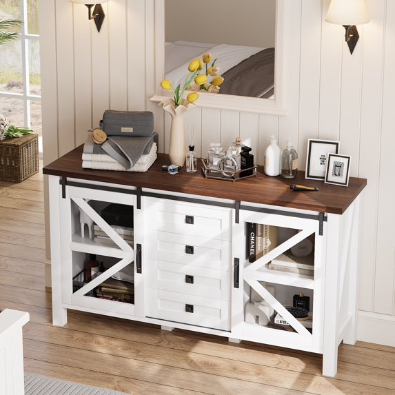 PPorfamilia 59" Farmhouse Buffet Cabinet with Storage and Sliding Barn Doors, White
