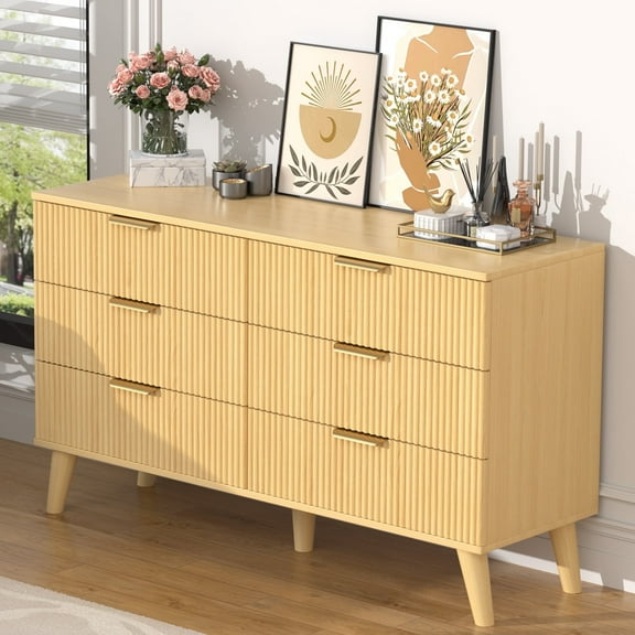 Lumiinofami 6 Drawer Dresser, Modern Natural Color Boho Wave Pattern Chest of Drawers with Handles for Bedroom, Living Room, Closet, Hallway