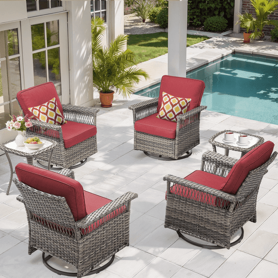 Lumiinofami 6 Piece Patio Sectional Furniture Set, Outdoor PE Wicker Conversation Set with 4 Rocking Swivel Glider Chairs and 2 Side Tables for Deck Garden Porch, Red Cushions