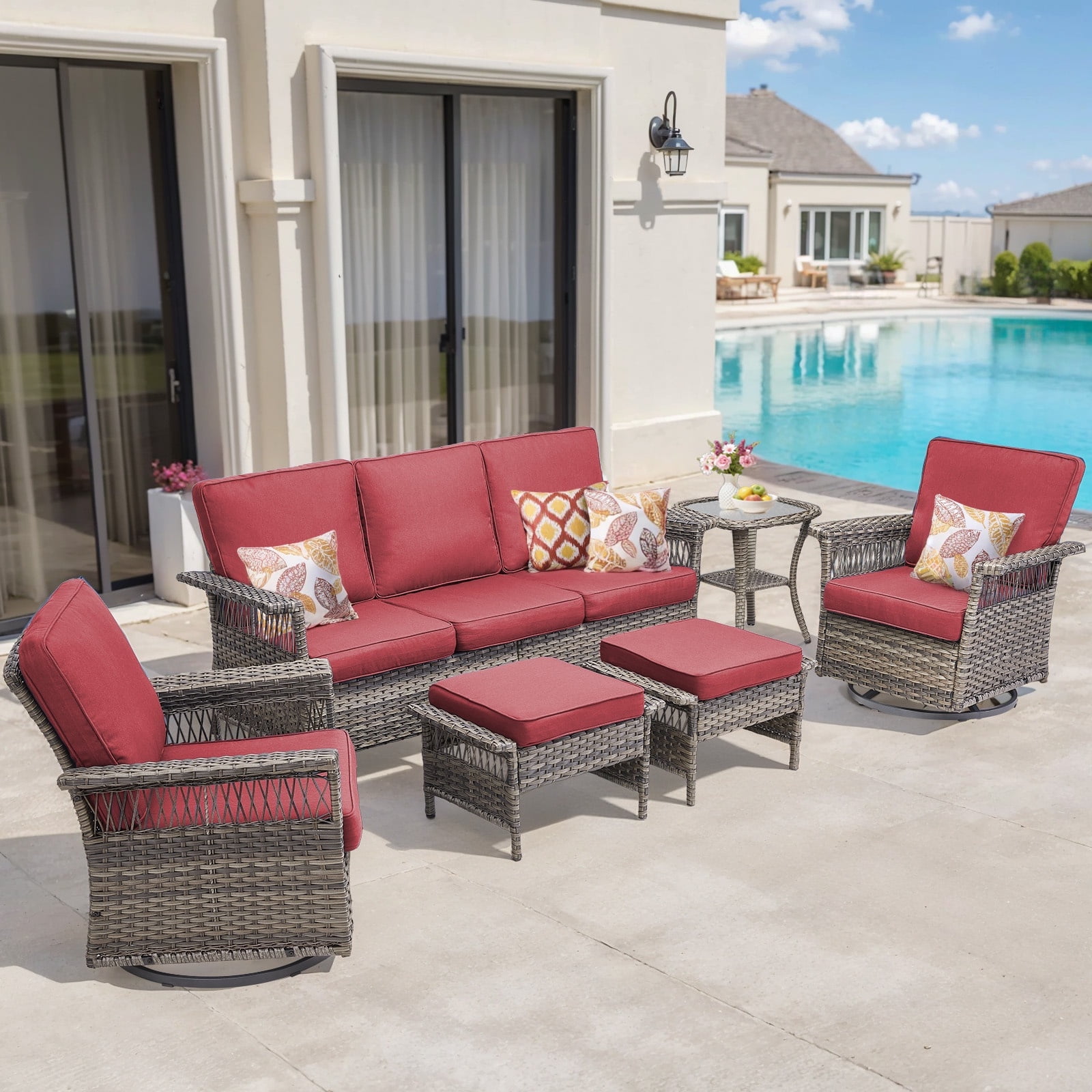 Lumiinofami 6 Piece Patio Sectional Set, Outdoor Conversation Furniture Set with Rocking Swivel Chairs and Side Table, All-Weather Wicker Padded Sofa Sets for Deck Poolside Backyard, Red Cushions