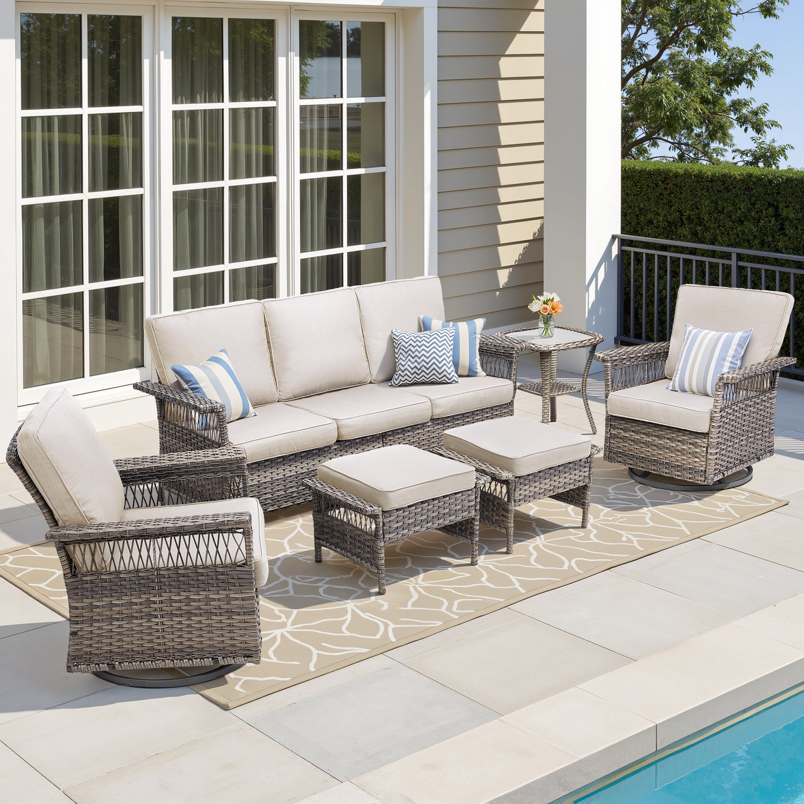 Lumiinofami 6 Piece Patio Sectional Set, Outdoor Conversation Furniture Set with Rocking Swivel Chairs and Side Table, All-Weather Wicker Padded Sofa Sets for Deck Poolside Backyard, Beige Cushions